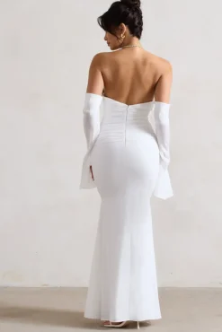 Rhiannon | Cream Draped Flared-Sleeve Fishtail Maxi Dress