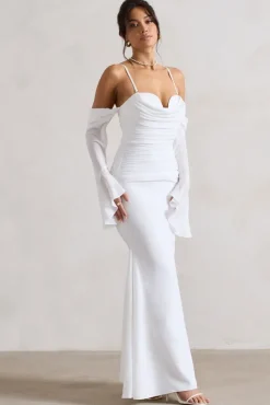 Rhiannon | Cream Draped Flared-Sleeve Fishtail Maxi Dress