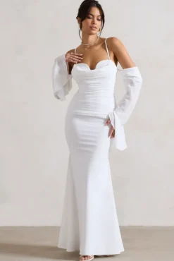 Rhiannon | Cream Draped Flared-Sleeve Fishtail Maxi Dress