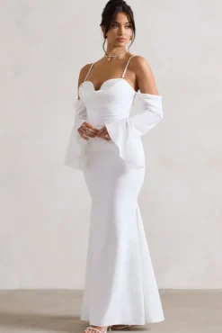 Rhiannon | Cream Draped Flared-Sleeve Fishtail Maxi Dress