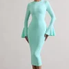 Rhyanne | Mint Bodycon Flared-Sleeve Midi Dress