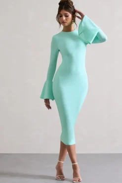Rhyanne | Mint Bodycon Flared-Sleeve Midi Dress