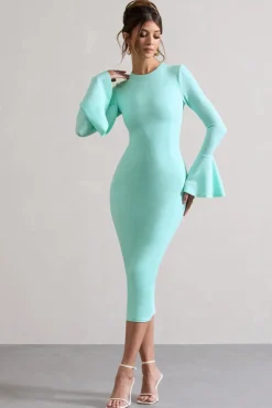 Rhyanne | Mint Bodycon Flared-Sleeve Midi Dress