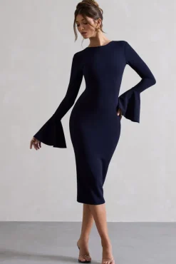 Rhyanne | Navy Bodycon Flared-Sleeve Midi Dress