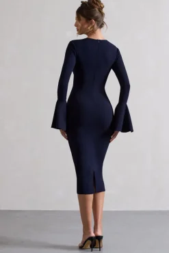 Rhyanne | Navy Bodycon Flared-Sleeve Midi Dress
