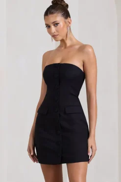 Rina | Black Strapless Tailored Mini Dress With Button Front