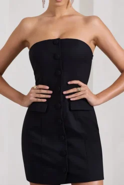 Rina | Black Strapless Tailored Mini Dress With Button Front