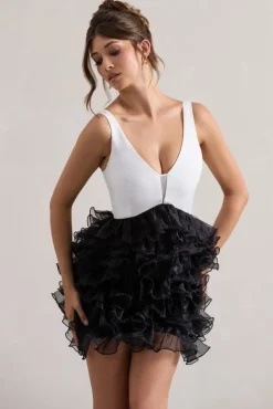 Riot | Black u0026 White Plunge-Neck Mini Dress With Organza Skirt