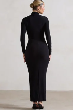 Risha | Black Plunge-Neck Long-Sleeve Drape Maxi Dress