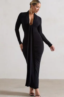 Risha | Black Plunge-Neck Long-Sleeve Drape Maxi Dress