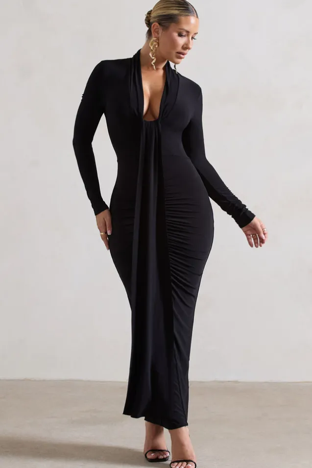 Risha | Black Plunge-Neck Long-Sleeve Drape Maxi Dress