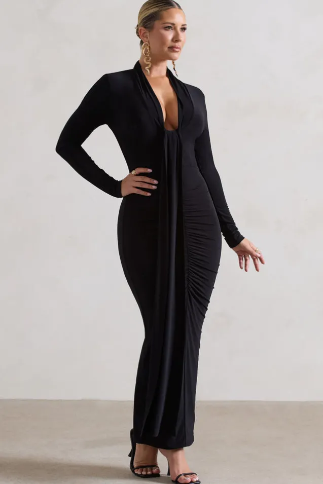 Risha | Black Plunge-Neck Long-Sleeve Drape Maxi Dress