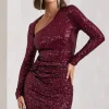 Rising Star | Burgundy Sequin Long-Sleeved Twisted Mini Dress