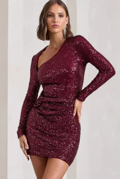 Rising Star | Burgundy Sequin Long-Sleeved Twisted Mini Dress