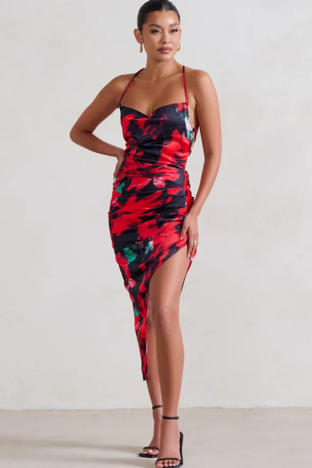 Risk It All | Black u0026 Red Floral Print Cami Cowl Neck Asymmetric Hem Dress
