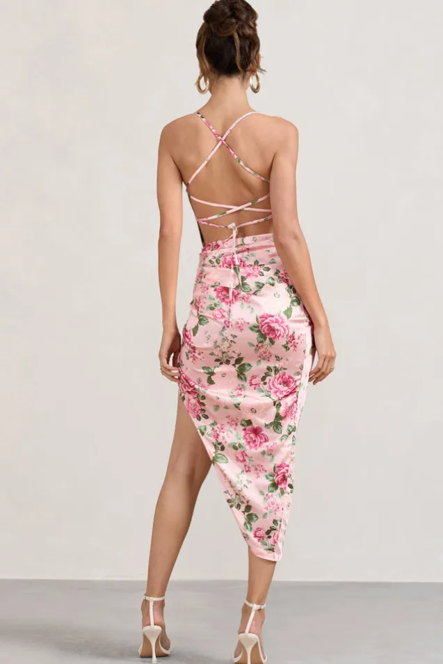 Risk It All | Blush Pink Floral Print Satin Cowl Asymmetric Midi Dress