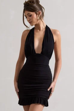 Rodeo | Black Ruched Halter-Neck Mini Dress With Ruffles