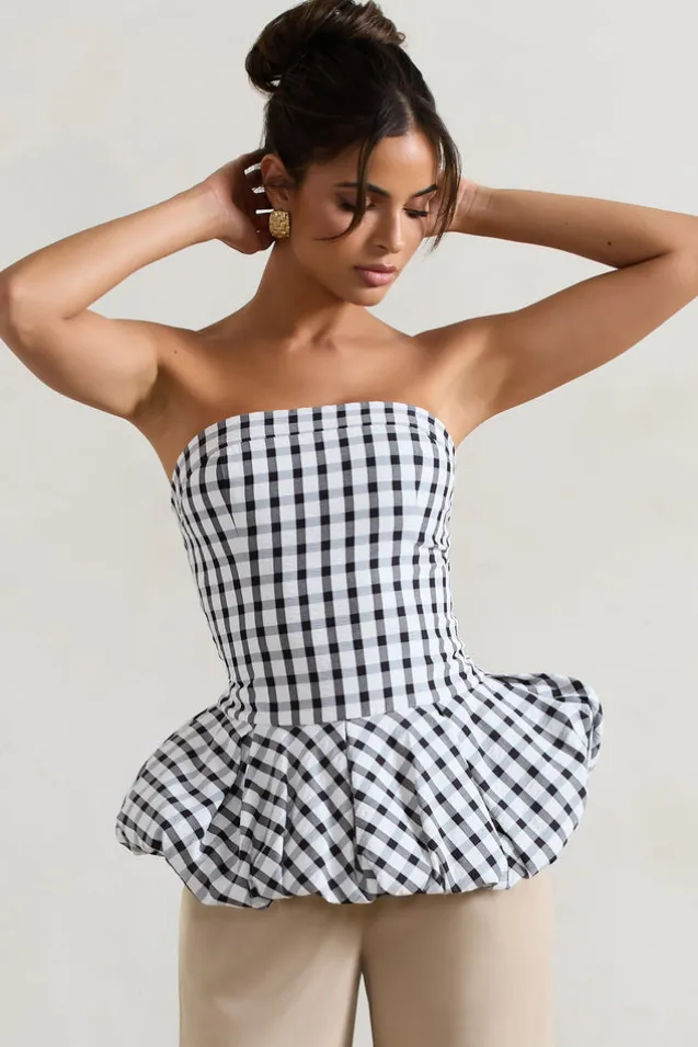 Roll With It | Black u0026 White Gingham Bandeau Ruffle Top