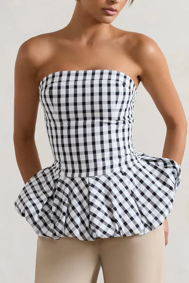 Roll With It | Black u0026 White Gingham Bandeau Ruffle Top