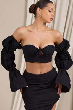 Roman | Black Bardot Puff-Sleeved Crop Top