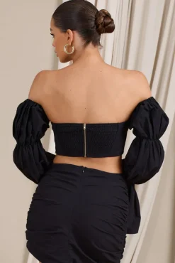 Roman | Black Bardot Puff-Sleeved Crop Top