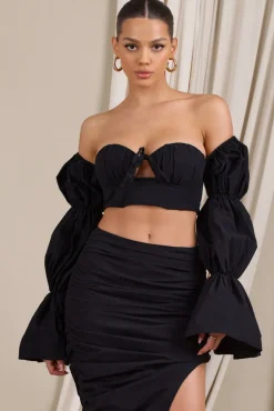 Roman | Black Bardot Puff-Sleeved Crop Top