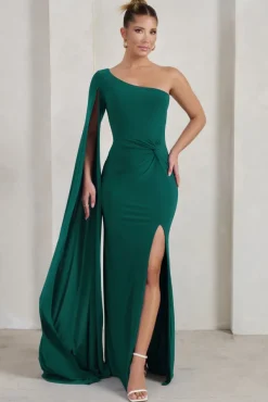 Romi | Bottle Green One Shoulder Twist Design Maxi Dress