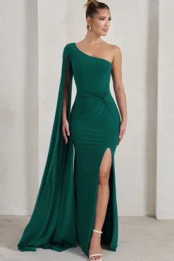 Romi | Bottle Green One Shoulder Twist Design Maxi Dress