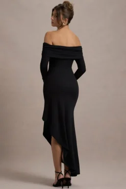 Romina | Black Rib Knit Bardot Maxi Dress With Asymmetric Hem