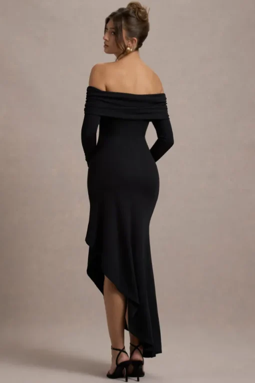 Romina | Black Rib Knit Bardot Maxi Dress With Asymmetric Hem
