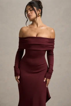 Romina | Port Rib Knit Bardot Maxi Dress With Asymmetric Hem