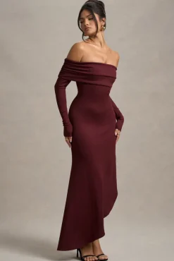 Romina | Port Rib Knit Bardot Maxi Dress With Asymmetric Hem