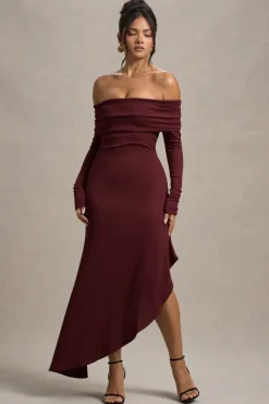 Romina | Port Rib Knit Bardot Maxi Dress With Asymmetric Hem