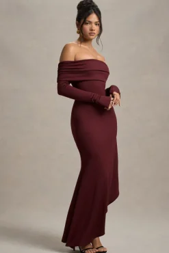 Romina | Port Rib Knit Bardot Maxi Dress With Asymmetric Hem