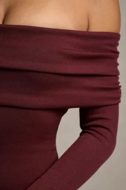 Romina | Port Rib Knit Bardot Maxi Dress With Asymmetric Hem