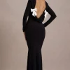 Rosalee | Black Long-Sleeve Cowl-Back Fishtail Maxi Dress With Bows