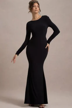 Rosalee | Black Long-Sleeve Cowl-Back Fishtail Maxi Dress With Bows