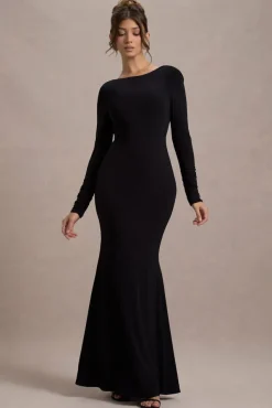 Rosalee | Black Long-Sleeve Cowl-Back Fishtail Maxi Dress With Bows