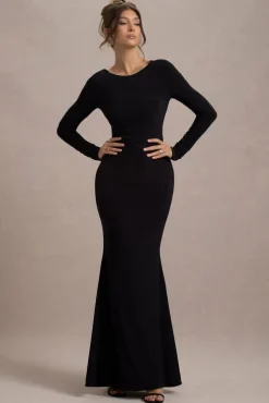 Rosalee | Black Long-Sleeve Cowl-Back Fishtail Maxi Dress With Bows