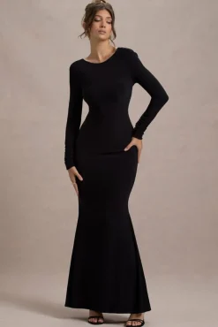 Rosalee | Black Long-Sleeve Cowl-Back Fishtail Maxi Dress With Bows