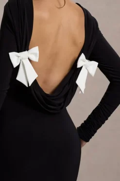 Rosalee | Black Long-Sleeve Cowl-Back Fishtail Maxi Dress With Bows