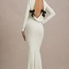 Rosalee | Cream Long-Sleeve Cowl-Back Fishtail Maxi Dress With Bows