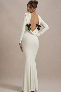 Rosalee | Cream Long-Sleeve Cowl-Back Fishtail Maxi Dress With Bows