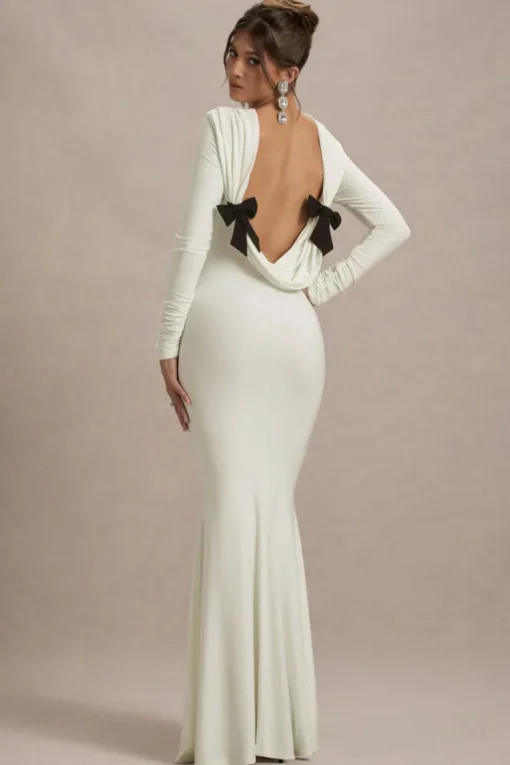 Rosalee | Cream Long-Sleeve Cowl-Back Fishtail Maxi Dress With Bows