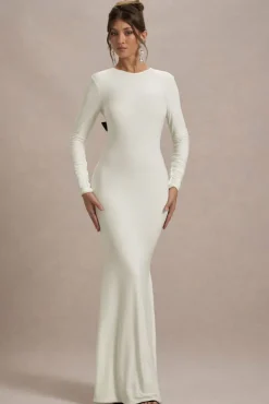 Rosalee | Cream Long-Sleeve Cowl-Back Fishtail Maxi Dress With Bows