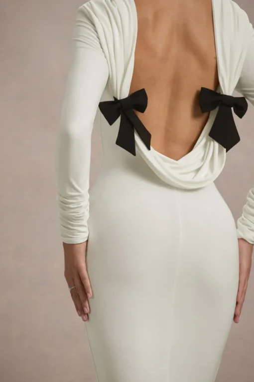 Rosalee | Cream Long-Sleeve Cowl-Back Fishtail Maxi Dress With Bows