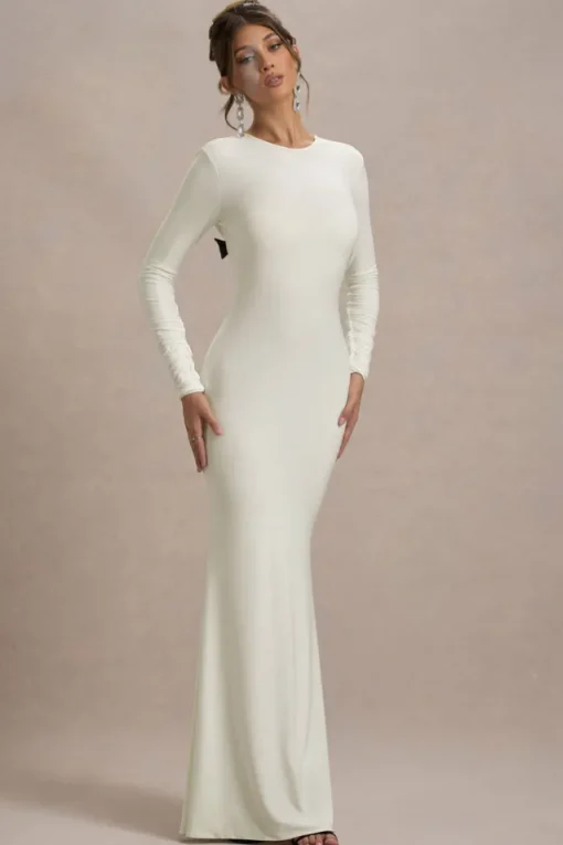 Rosalee | Cream Long-Sleeve Cowl-Back Fishtail Maxi Dress With Bows