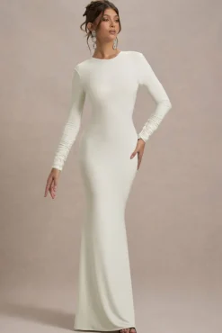 Rosalee | Cream Long-Sleeve Cowl-Back Fishtail Maxi Dress With Bows