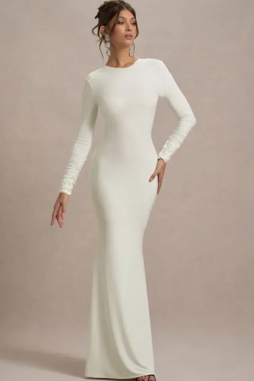 Rosalee | Cream Long-Sleeve Cowl-Back Fishtail Maxi Dress With Bows