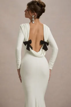 Rosalee | Cream Long-Sleeve Cowl-Back Fishtail Maxi Dress With Bows